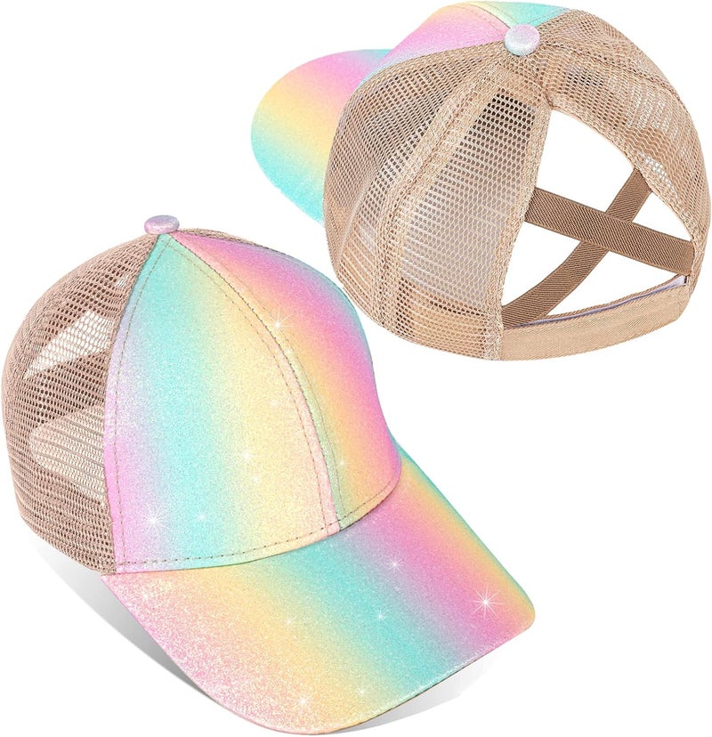 BROMZ Girls Glitter Baseball Cap Kids Ponytail Hat Adjustable Summer Mesh Trucker Hats for 4-12 Years - Image 2